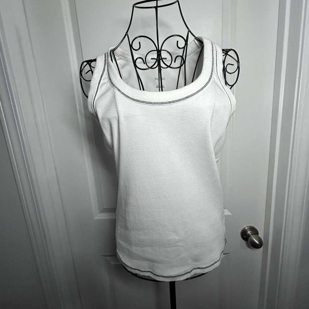 Pilcro White Ribbed Tank Top with Navy Trim